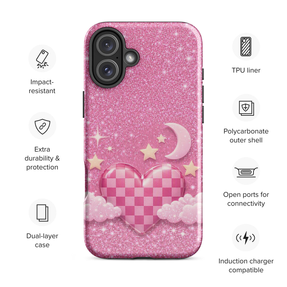 Phone Case for iPhone - Pink Checkered Heart Glitter Dream