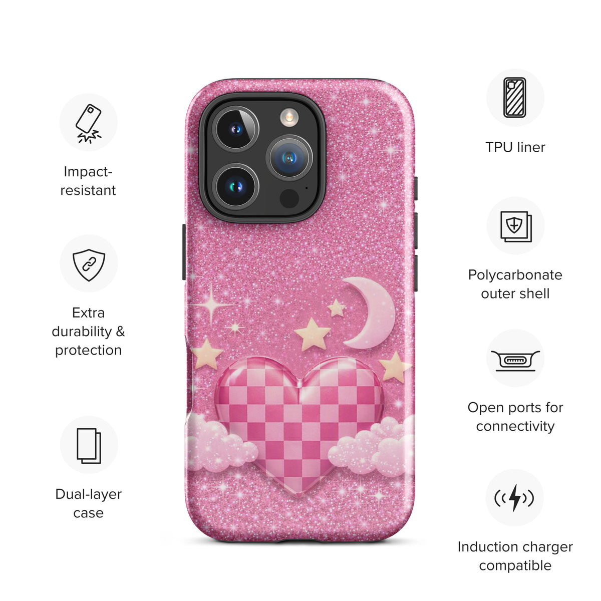 Phone Case for iPhone - Pink Checkered Heart Glitter Dream