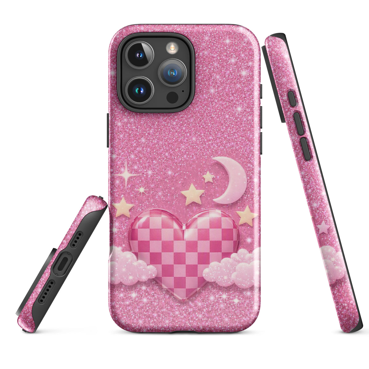 Phone Case for iPhone - Pink Checkered Heart Glitter Dream
