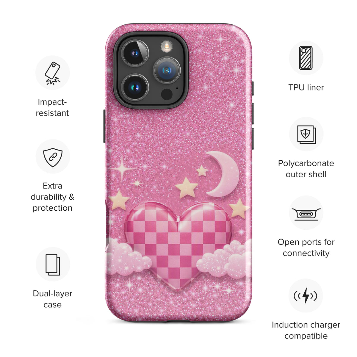 Phone Case for iPhone - Pink Checkered Heart Glitter Dream