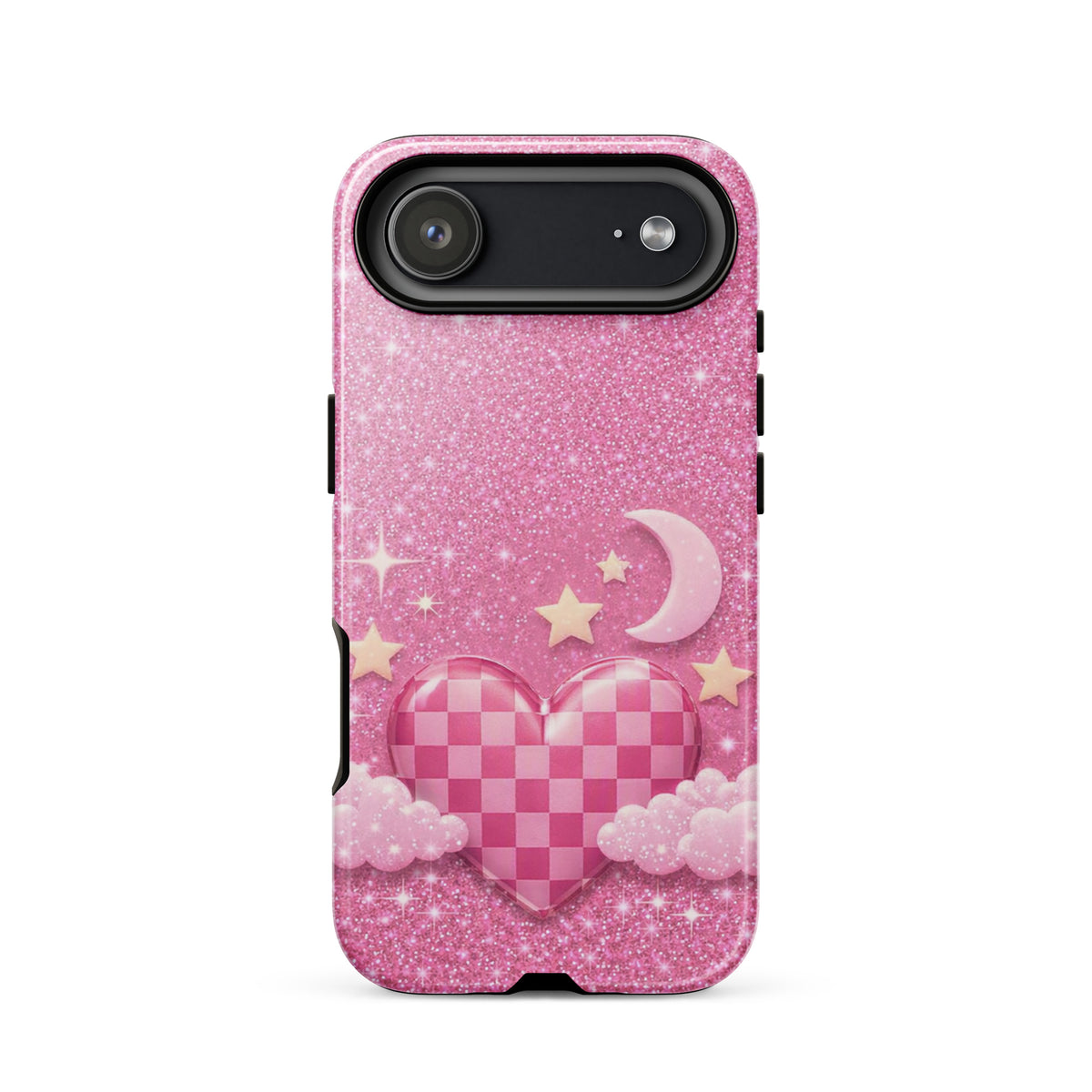 Phone Case for iPhone - Pink Checkered Heart Glitter Dream