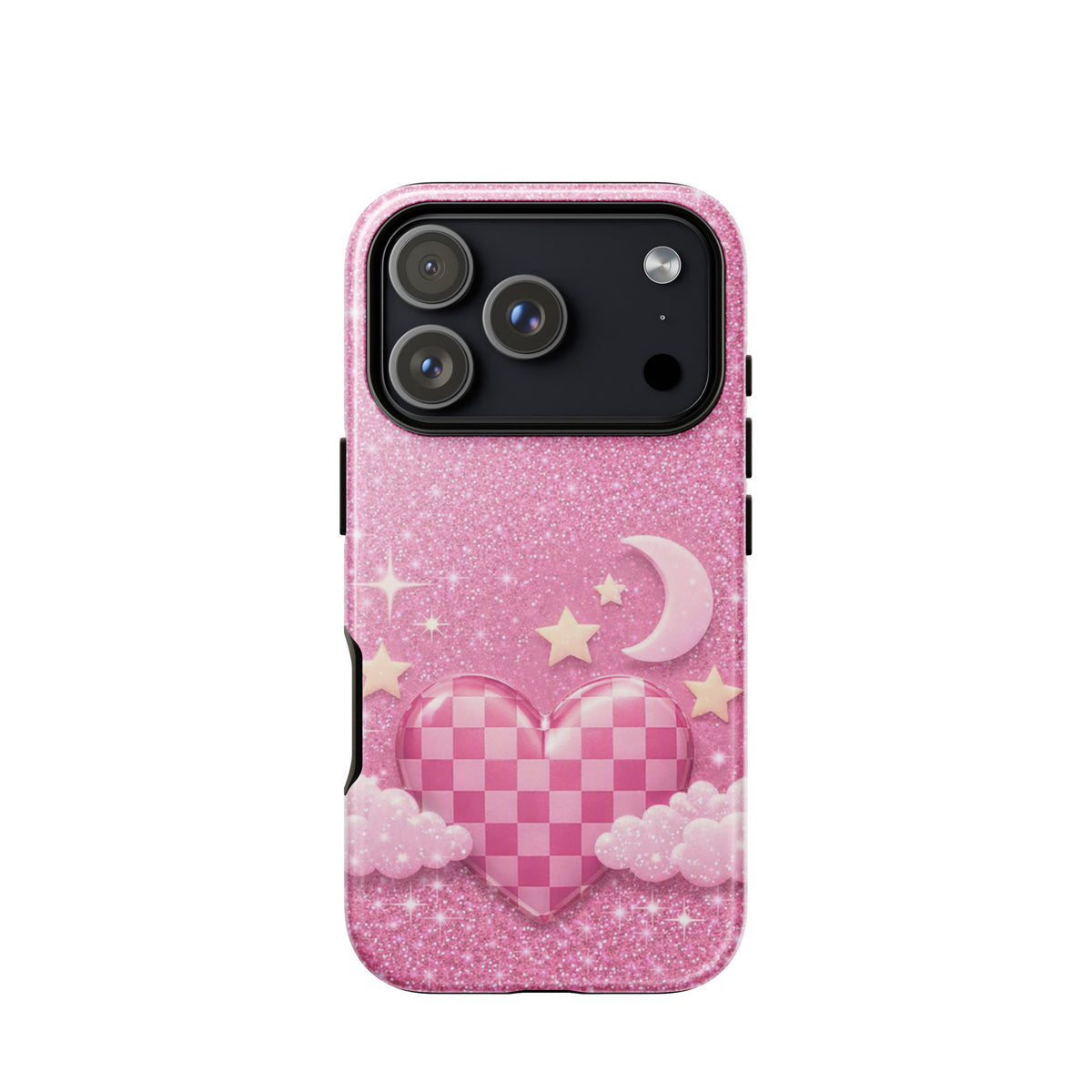 Phone Case for iPhone - Pink Checkered Heart Glitter Dream