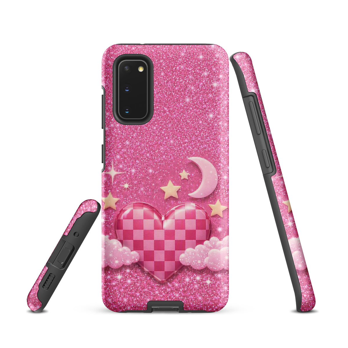 Phone Case for Samsung Galaxy - Pink Checkered Heart Glitter Dream