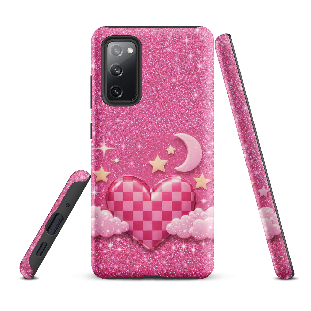 Phone Case for Samsung Galaxy - Pink Checkered Heart Glitter Dream