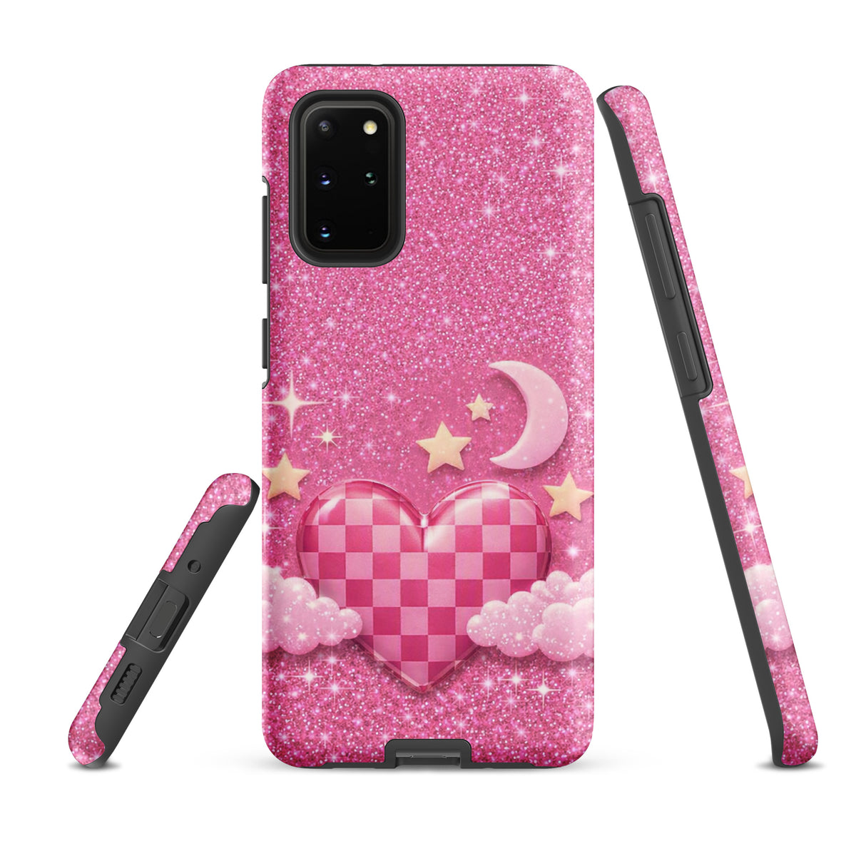 Phone Case for Samsung Galaxy - Pink Checkered Heart Glitter Dream