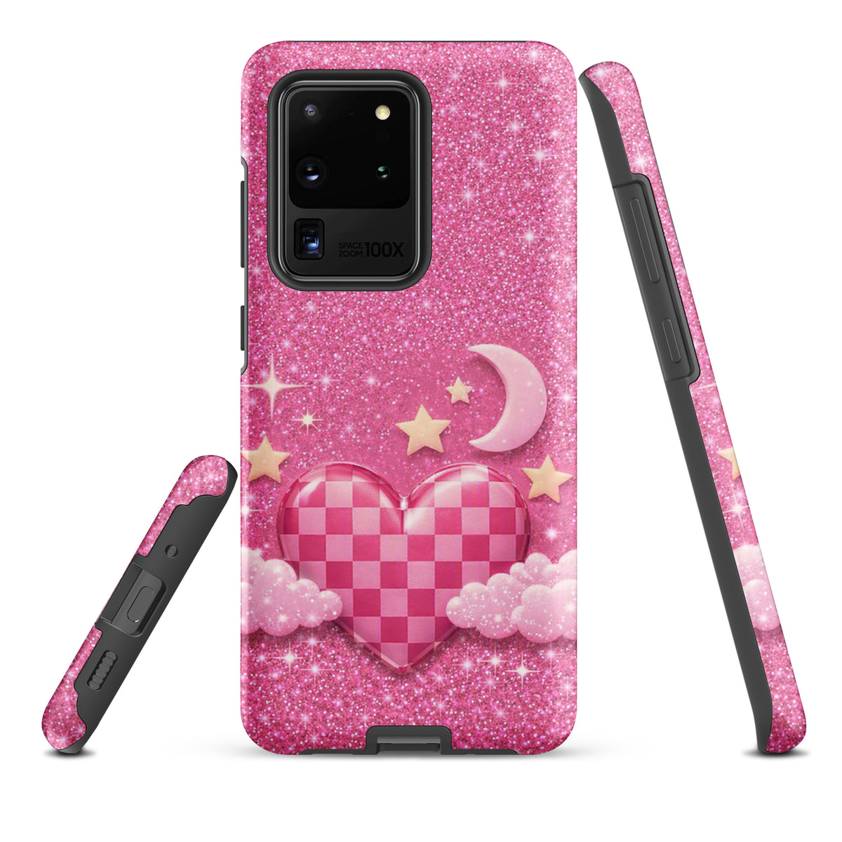 Phone Case for Samsung Galaxy - Pink Checkered Heart Glitter Dream