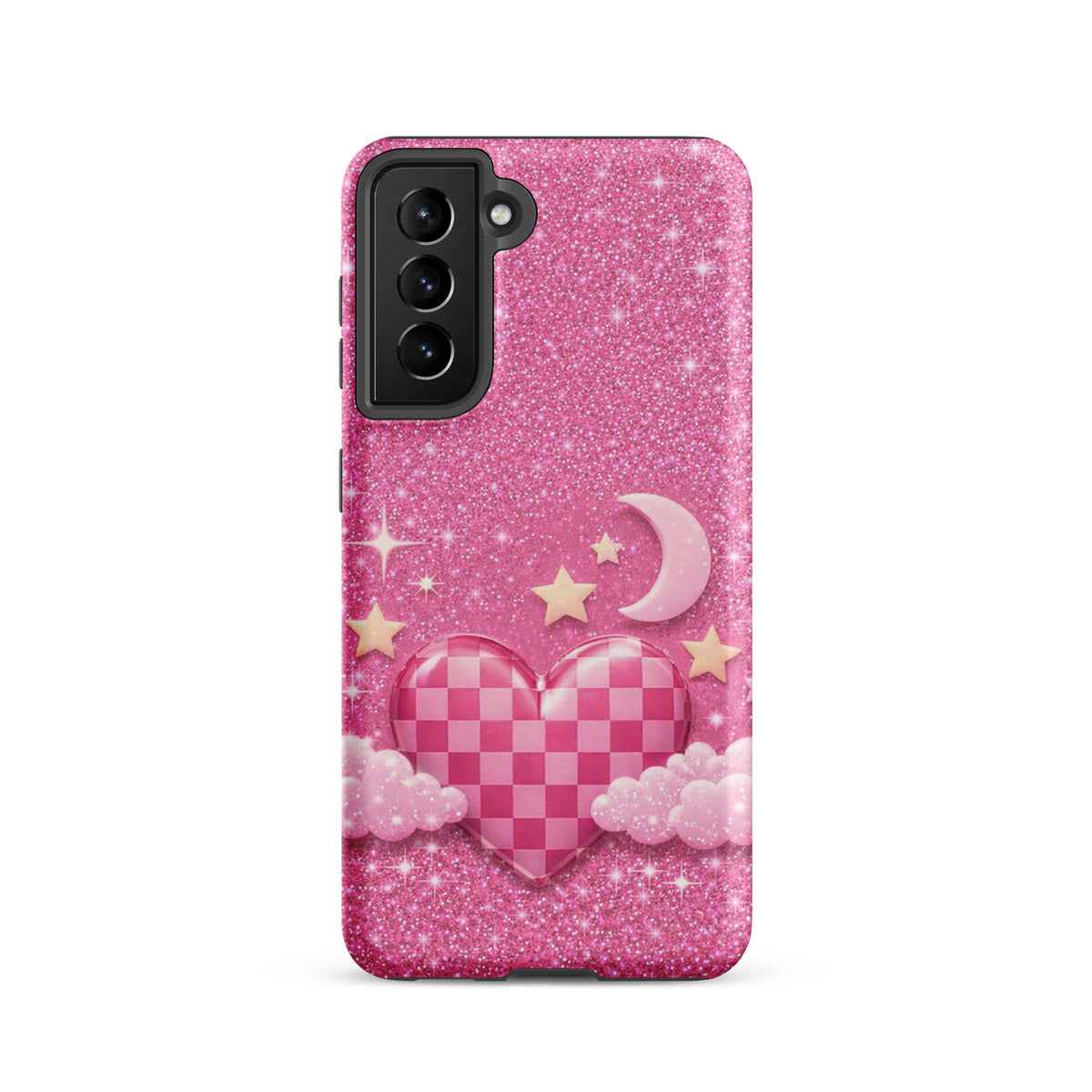 Phone Case for Samsung Galaxy - Pink Checkered Heart Glitter Dream