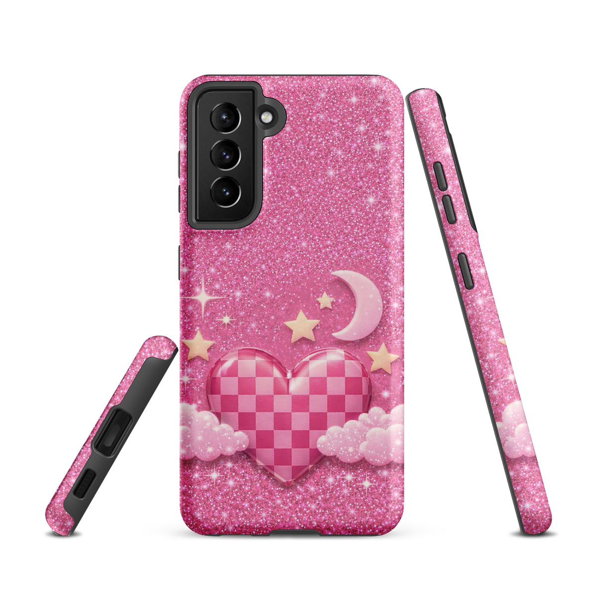 Phone Case for Samsung Galaxy - Pink Checkered Heart Glitter Dream