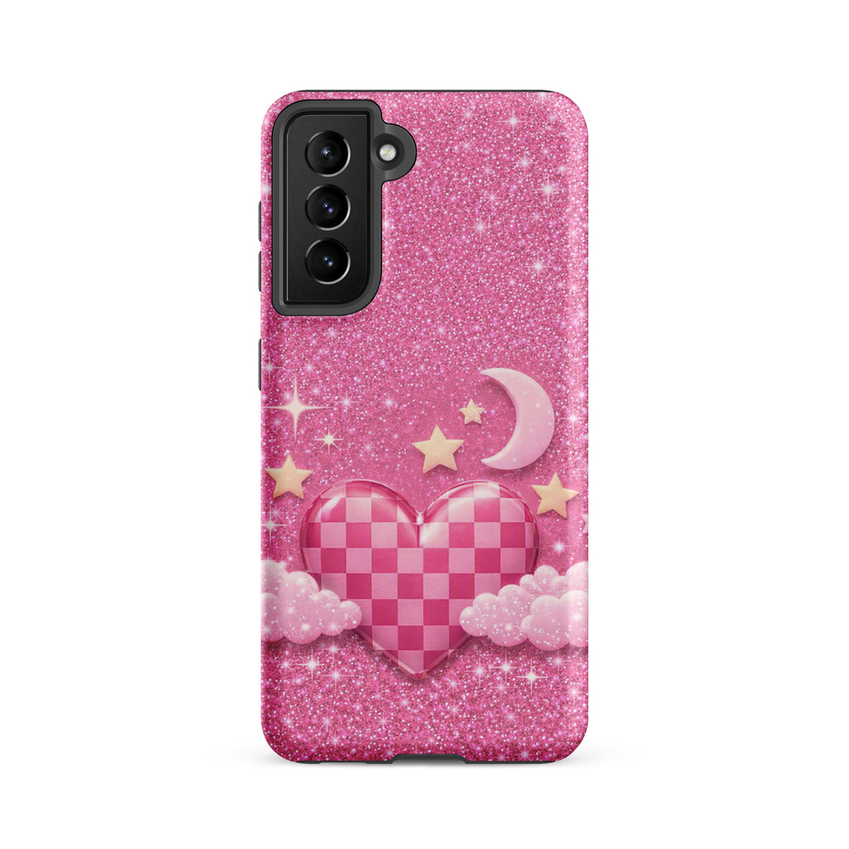 Phone Case for Samsung Galaxy - Pink Checkered Heart Glitter Dream