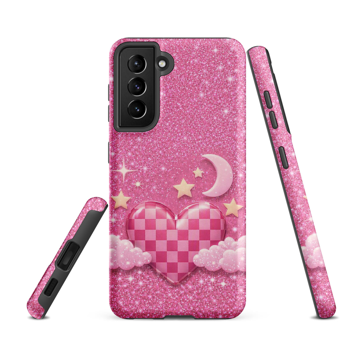 Phone Case for Samsung Galaxy - Pink Checkered Heart Glitter Dream