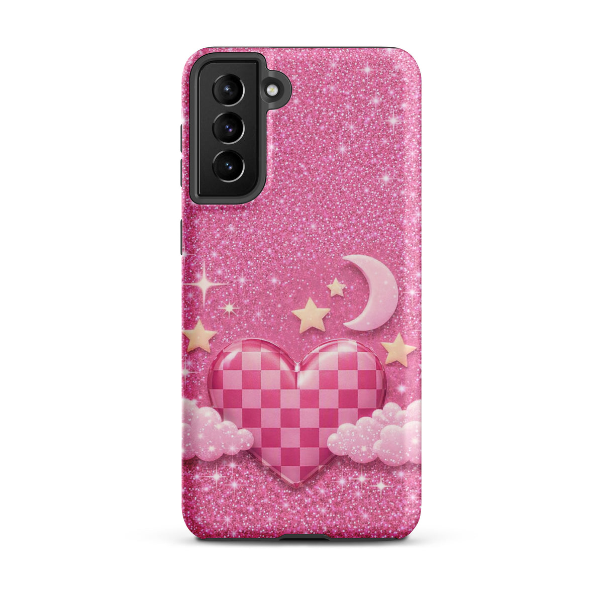 Phone Case for Samsung Galaxy - Pink Checkered Heart Glitter Dream