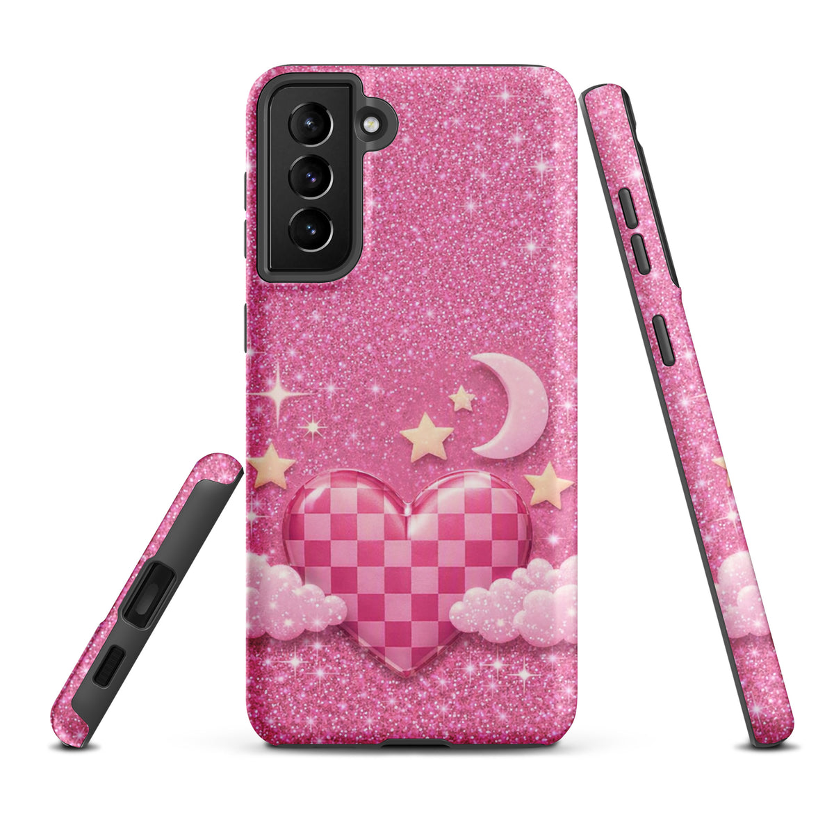 Phone Case for Samsung Galaxy - Pink Checkered Heart Glitter Dream