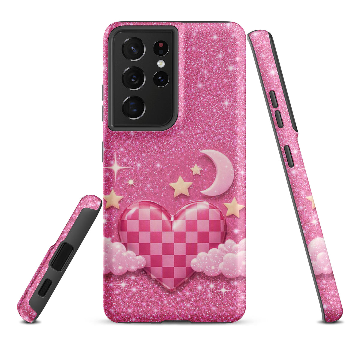 Phone Case for Samsung Galaxy - Pink Checkered Heart Glitter Dream