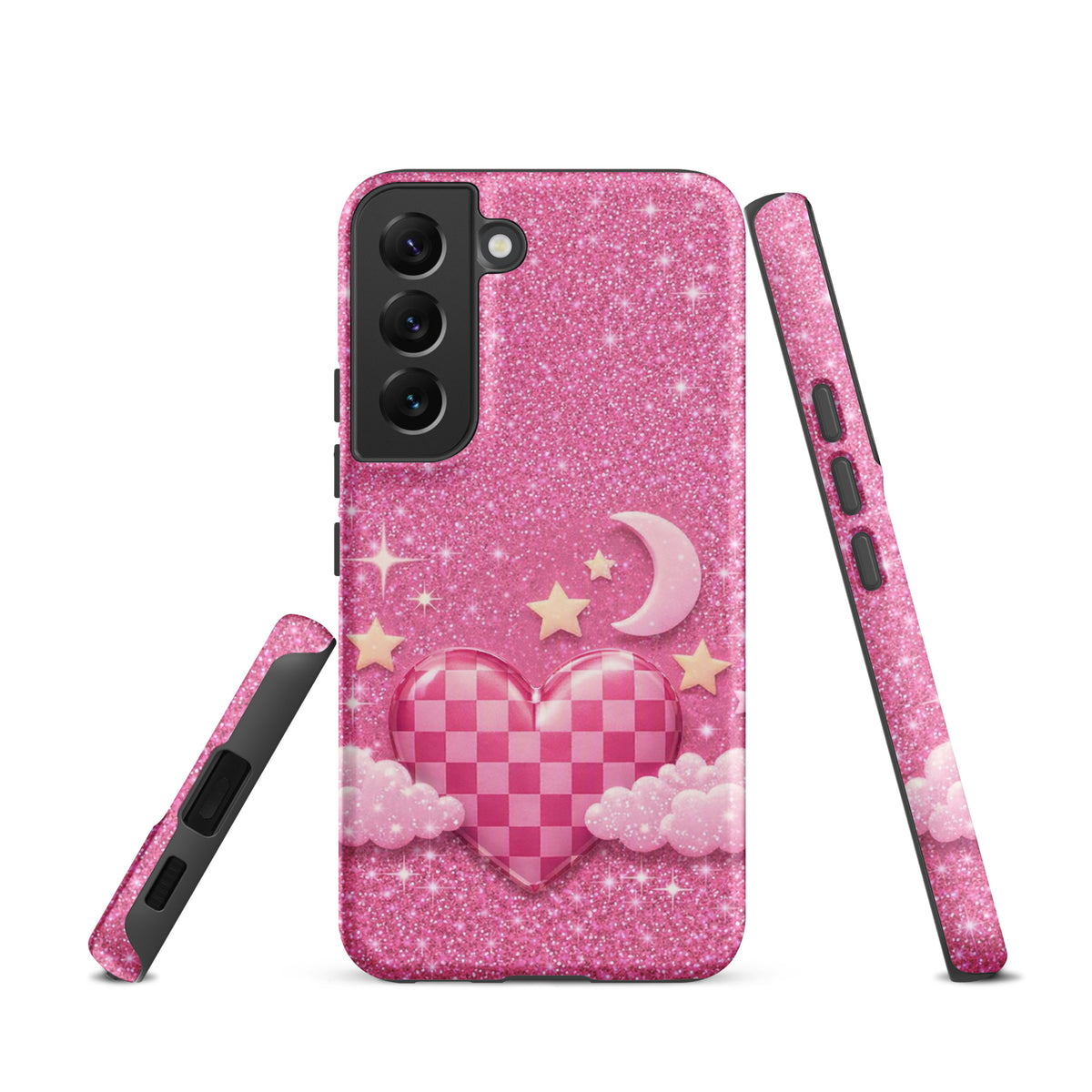 Phone Case for Samsung Galaxy - Pink Checkered Heart Glitter Dream
