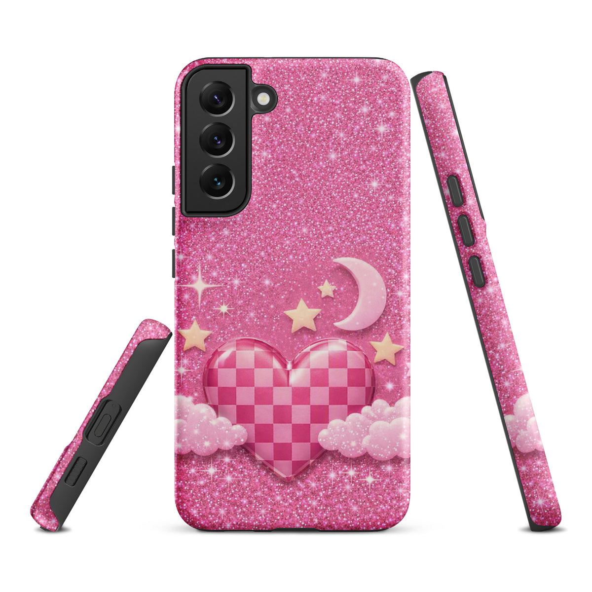Phone Case for Samsung Galaxy - Pink Checkered Heart Glitter Dream