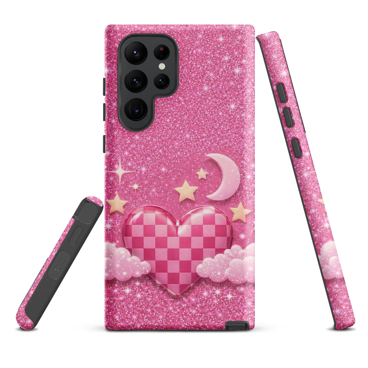 Phone Case for Samsung Galaxy - Pink Checkered Heart Glitter Dream