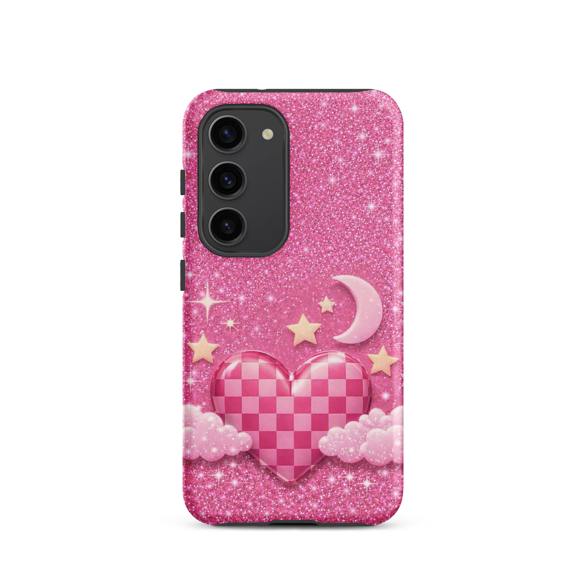 Phone Case for Samsung Galaxy - Pink Checkered Heart Glitter Dream