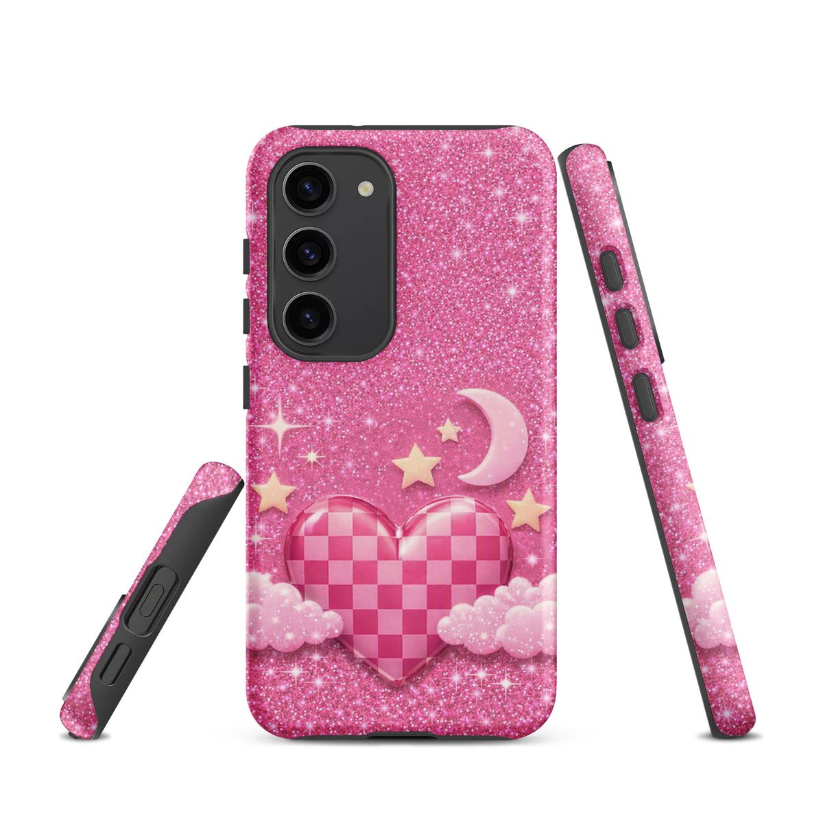 Phone Case for Samsung Galaxy - Pink Checkered Heart Glitter Dream