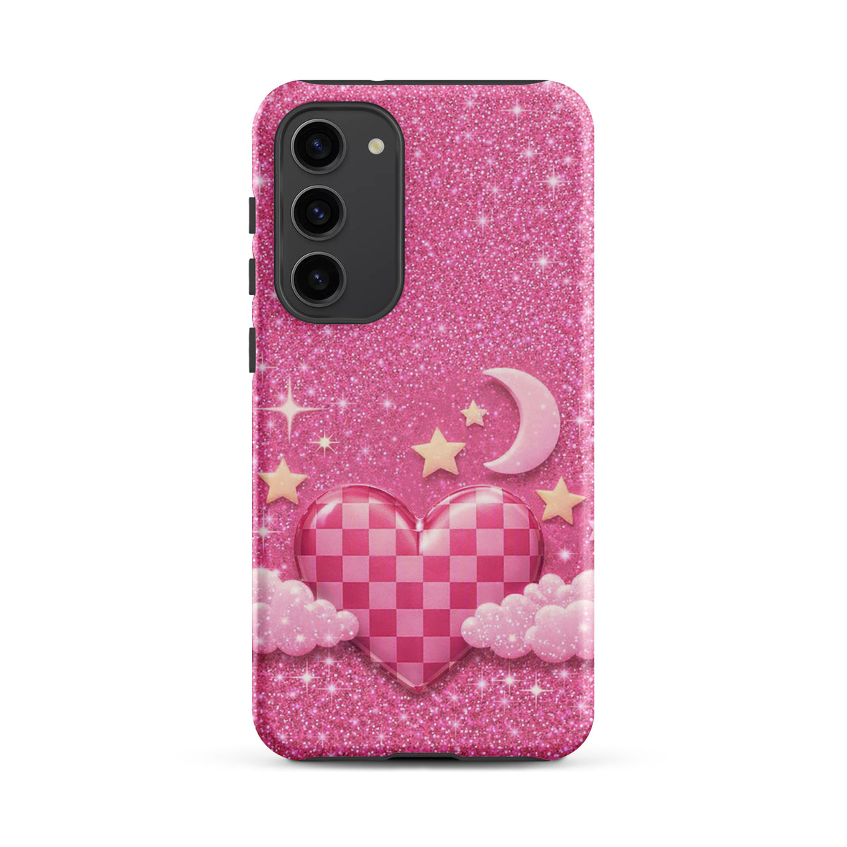 Phone Case for Samsung Galaxy - Pink Checkered Heart Glitter Dream