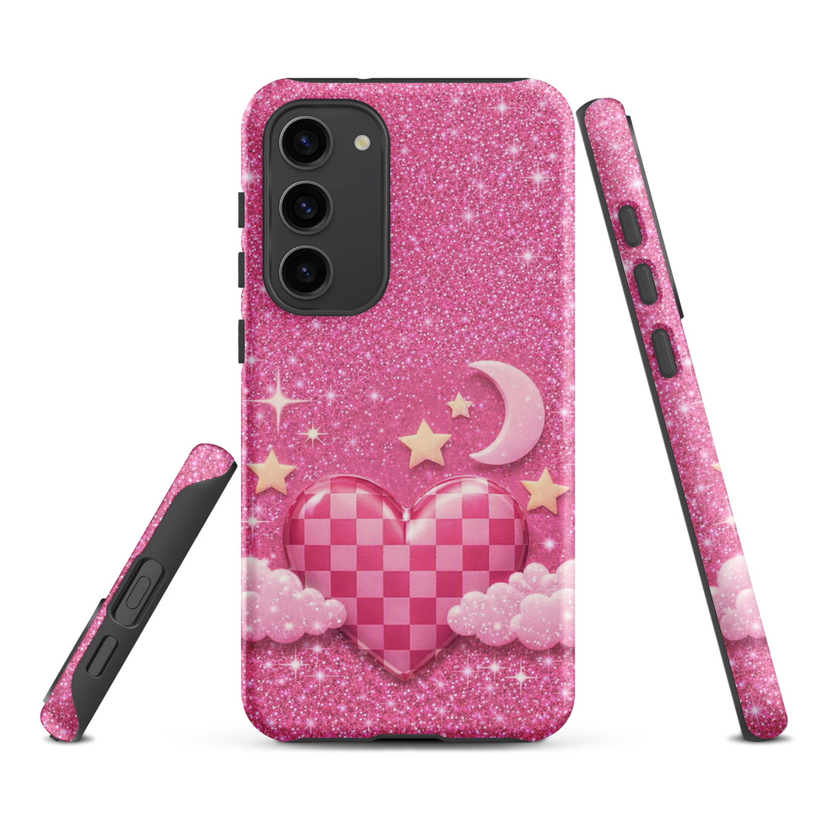Phone Case for Samsung Galaxy - Pink Checkered Heart Glitter Dream