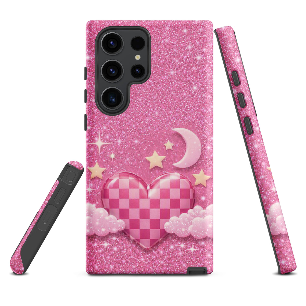 Phone Case for Samsung Galaxy - Pink Checkered Heart Glitter Dream