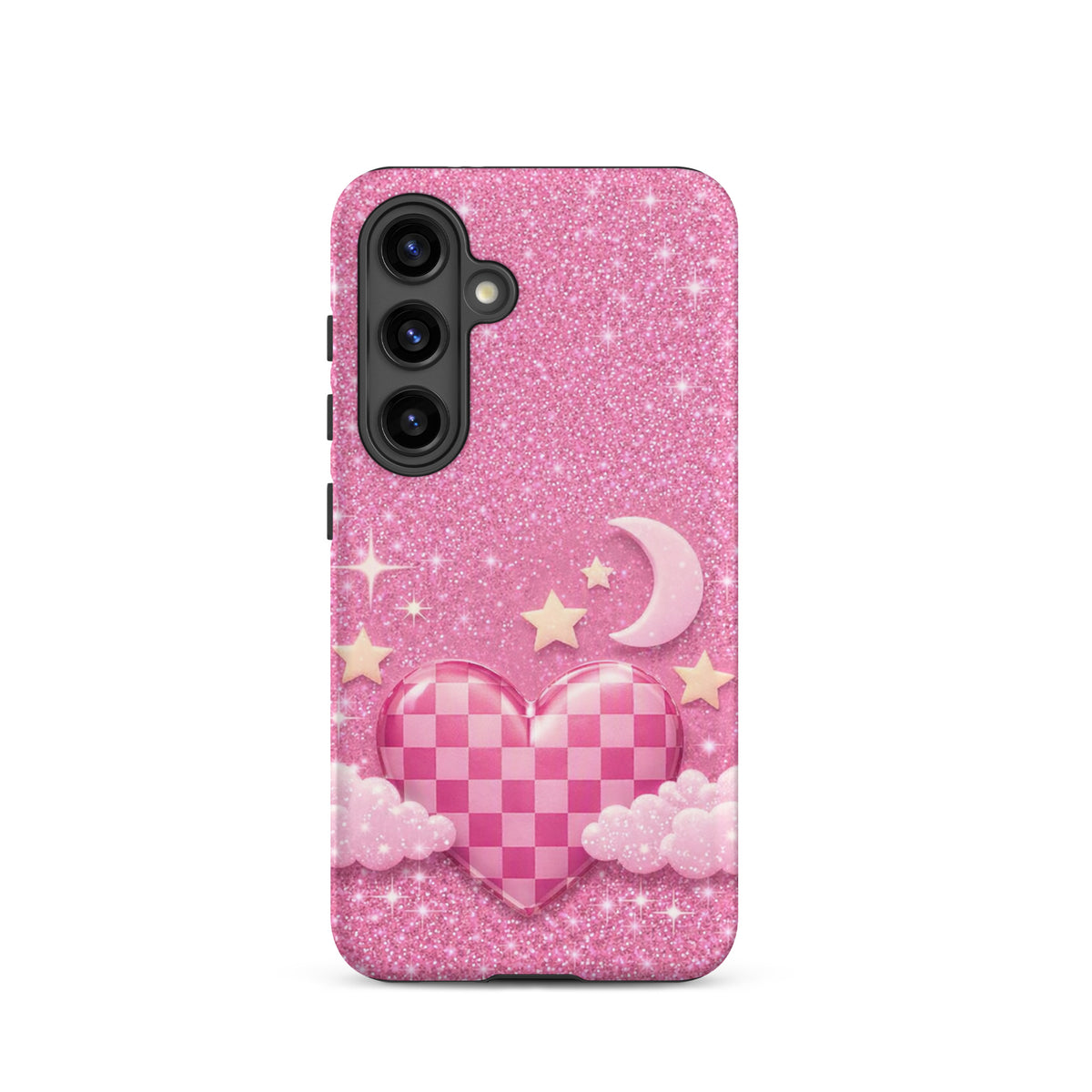 Phone Case for Samsung Galaxy - Pink Checkered Heart Glitter Dream