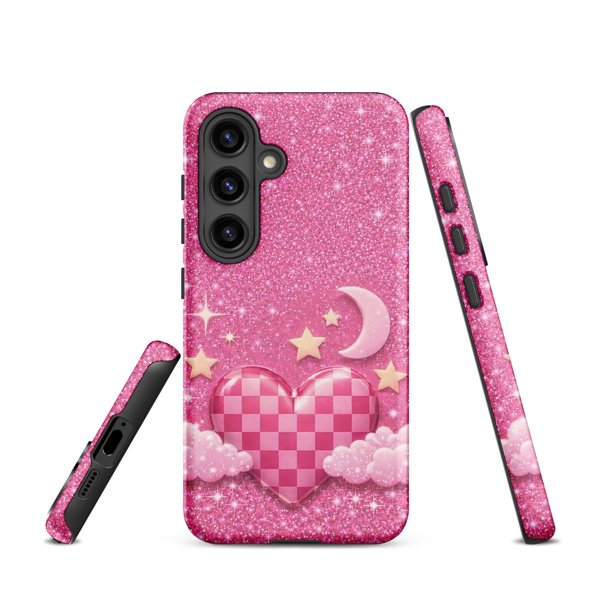 Phone Case for Samsung Galaxy - Pink Checkered Heart Glitter Dream