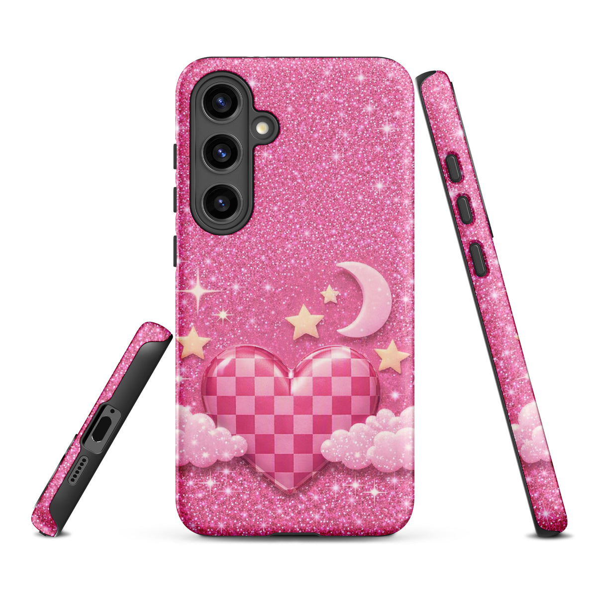 Phone Case for Samsung Galaxy - Pink Checkered Heart Glitter Dream
