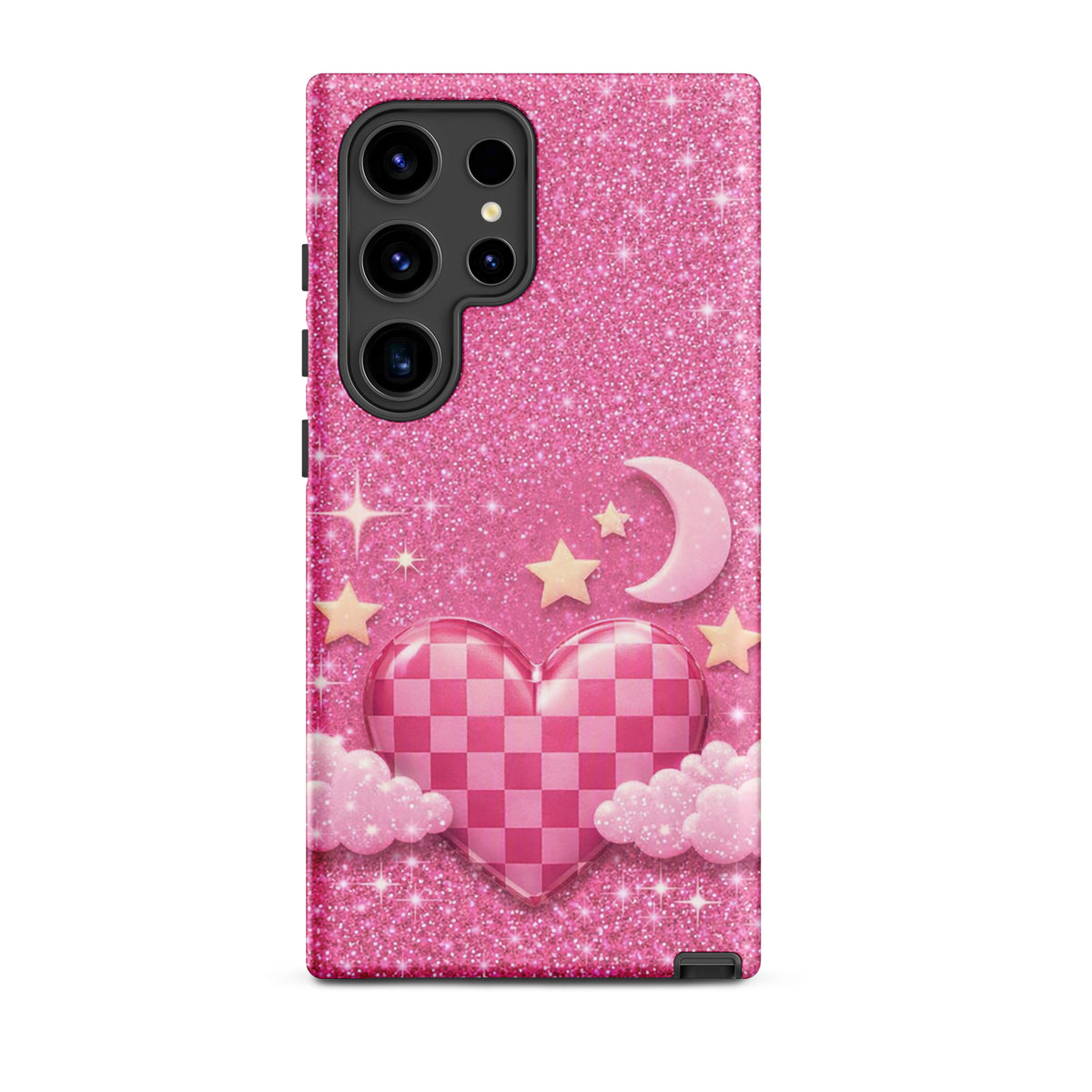 Phone Case for Samsung Galaxy - Pink Checkered Heart Glitter Dream