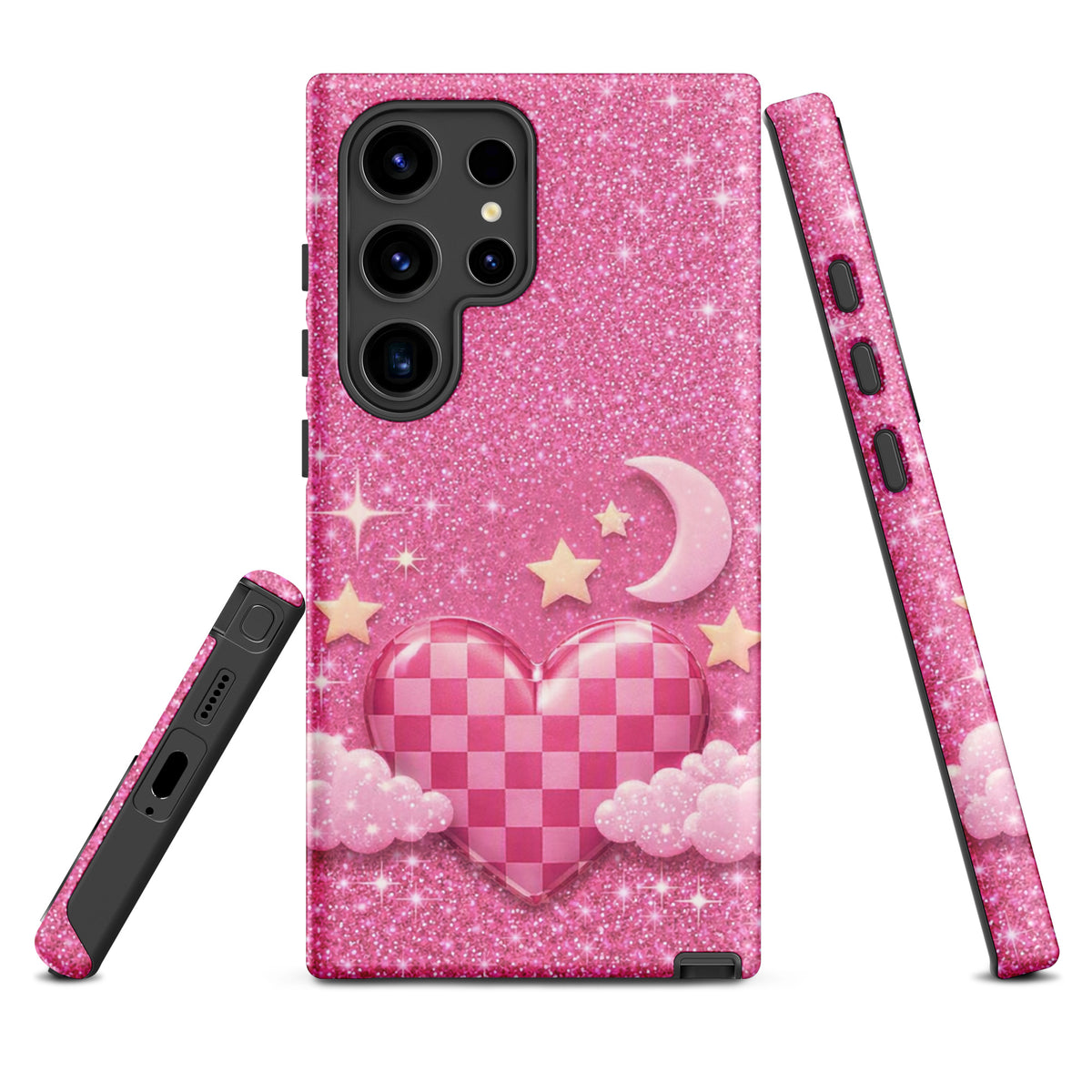 Phone Case for Samsung Galaxy - Pink Checkered Heart Glitter Dream