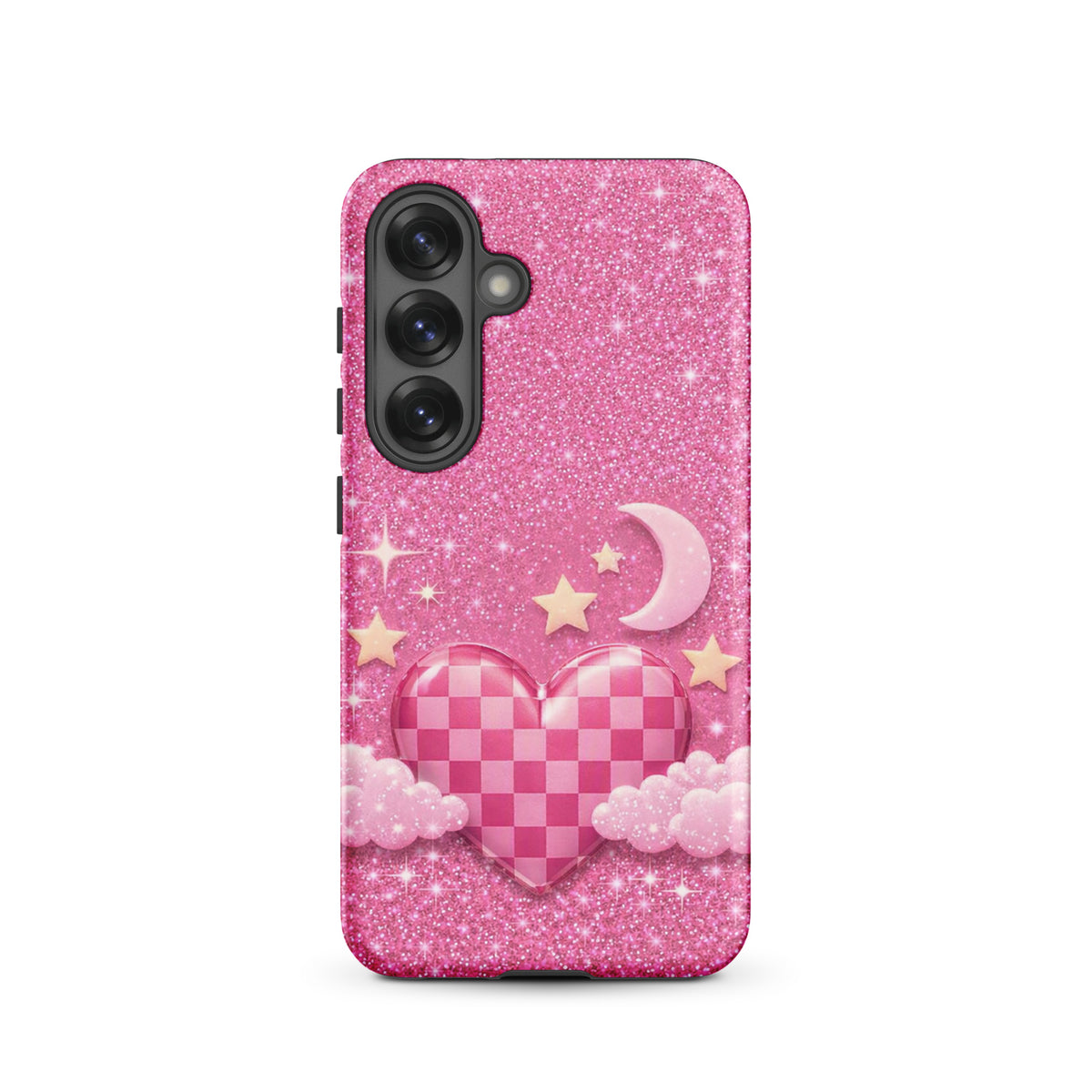 Phone Case for Samsung Galaxy - Pink Checkered Heart Glitter Dream