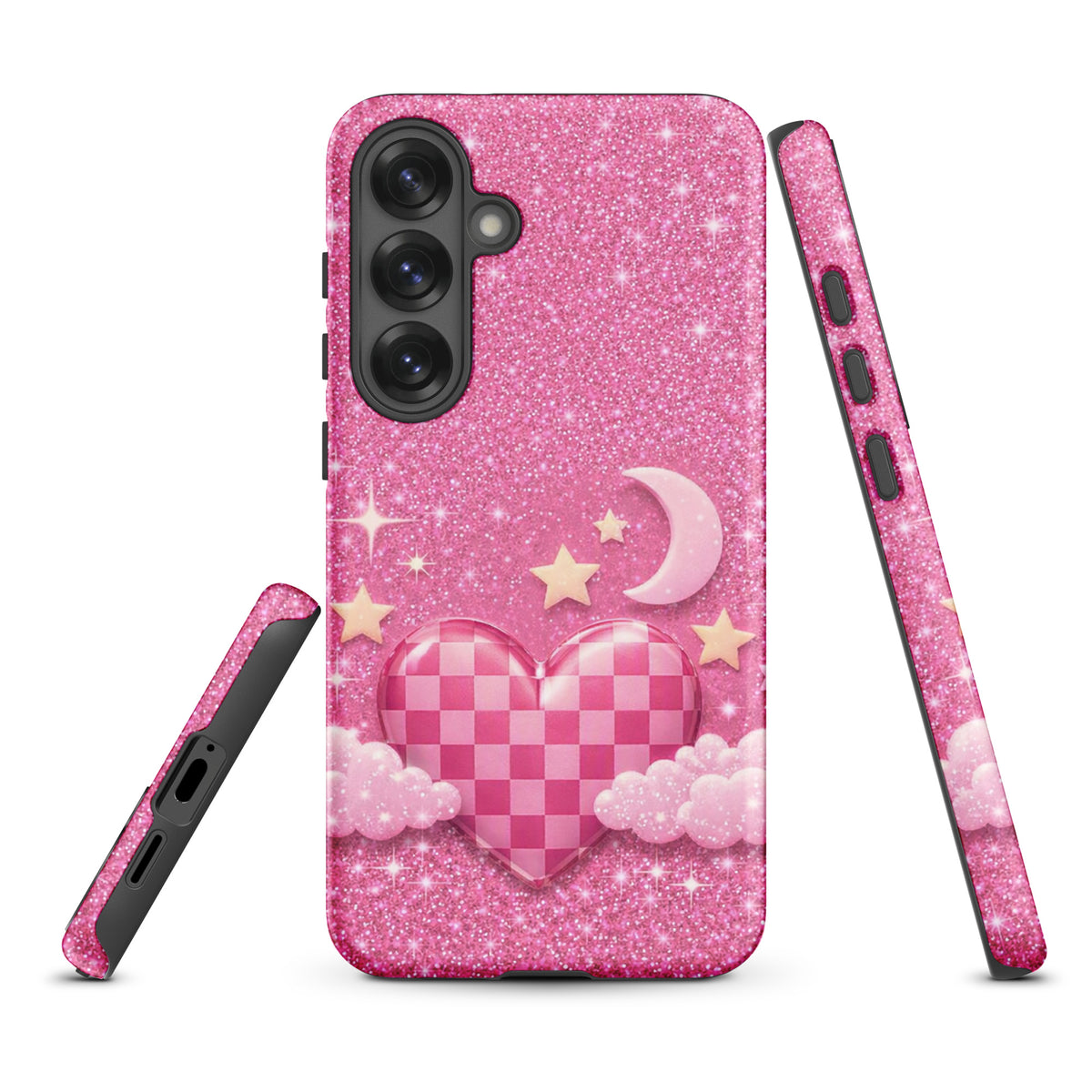 Phone Case for Samsung Galaxy - Pink Checkered Heart Glitter Dream