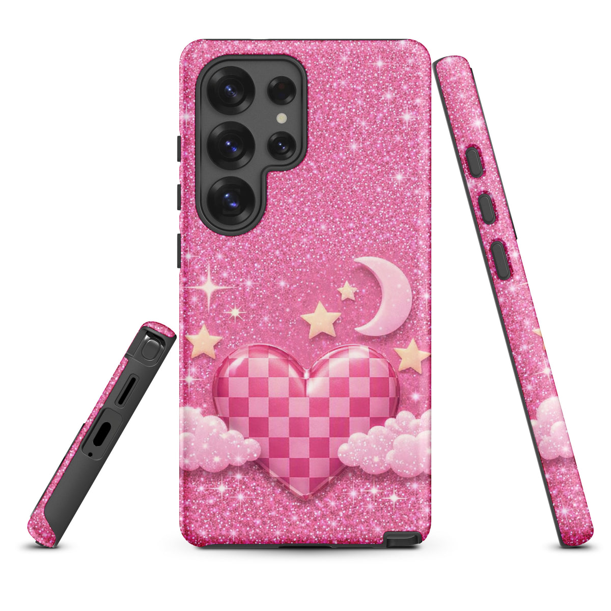 Phone Case for Samsung Galaxy - Pink Checkered Heart Glitter Dream