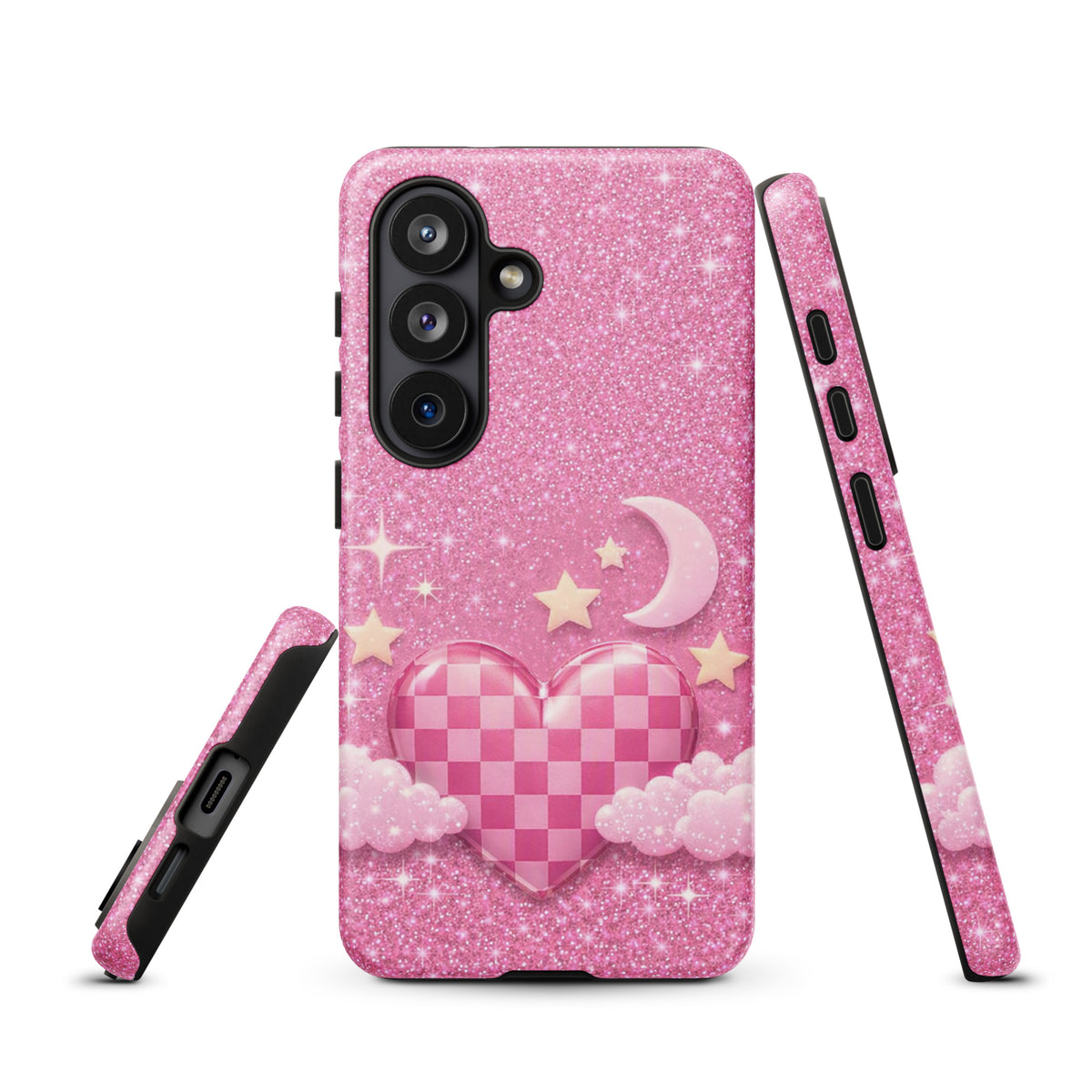 Phone Case for Samsung Galaxy - Pink Checkered Heart Glitter Dream