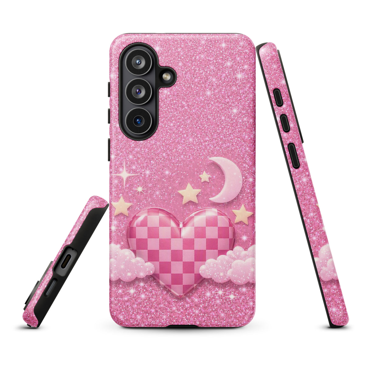 Phone Case for Samsung Galaxy - Pink Checkered Heart Glitter Dream