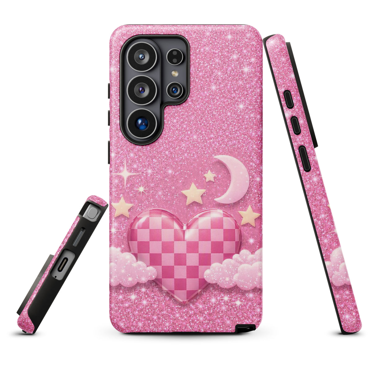 Phone Case for Samsung Galaxy - Pink Checkered Heart Glitter Dream