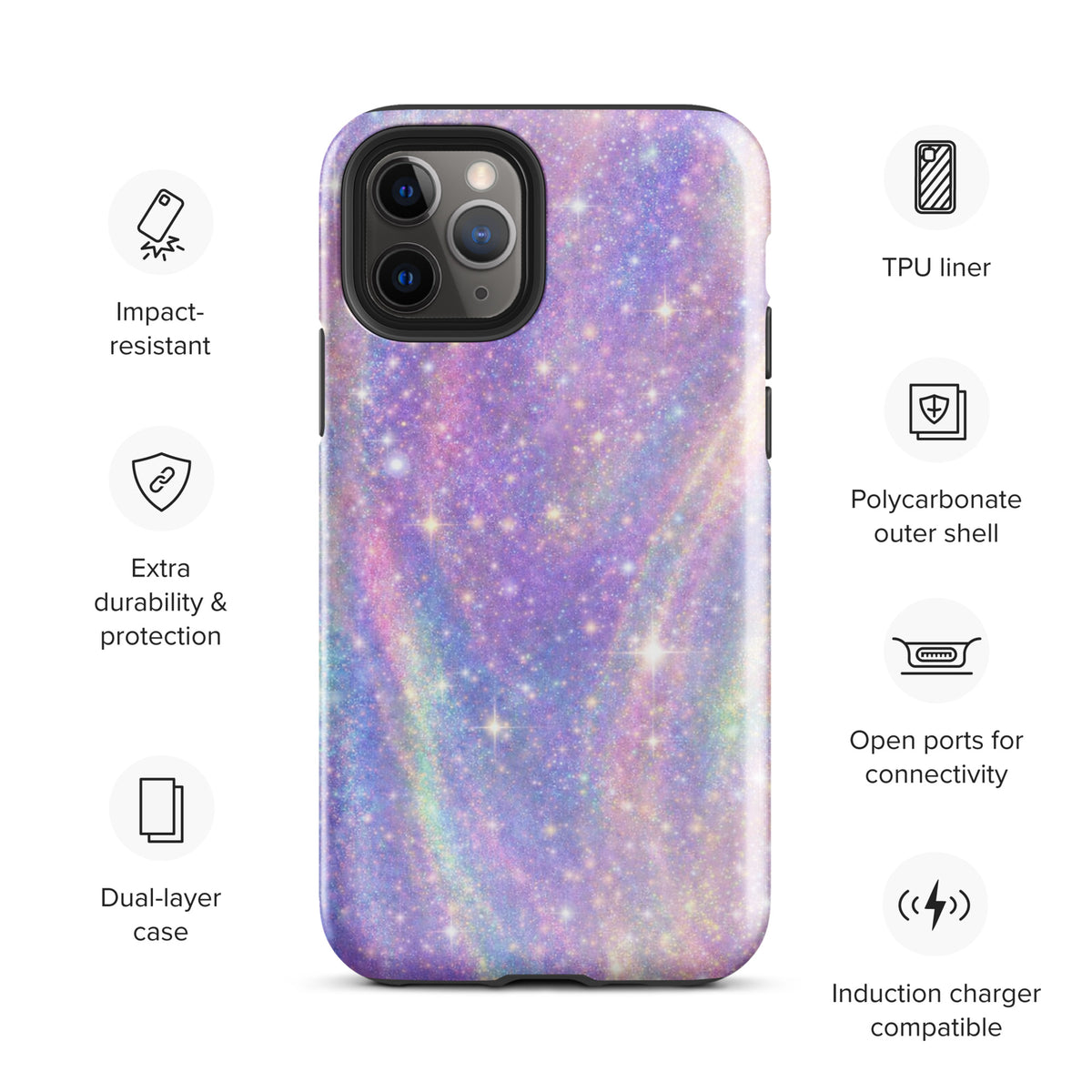 Phone Case for iPhone with Cosmic Dream Swirl design, featuring pastel purples, pinks, blues, golden sparkles and protective features.