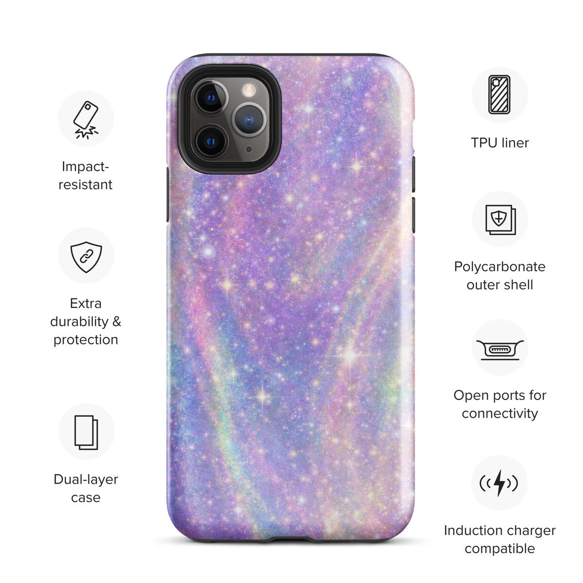 Phone Case for iPhone in Cosmic Dream Swirl design with pastel hues and sparkles, featuring dual-layer protection and impact resistance.