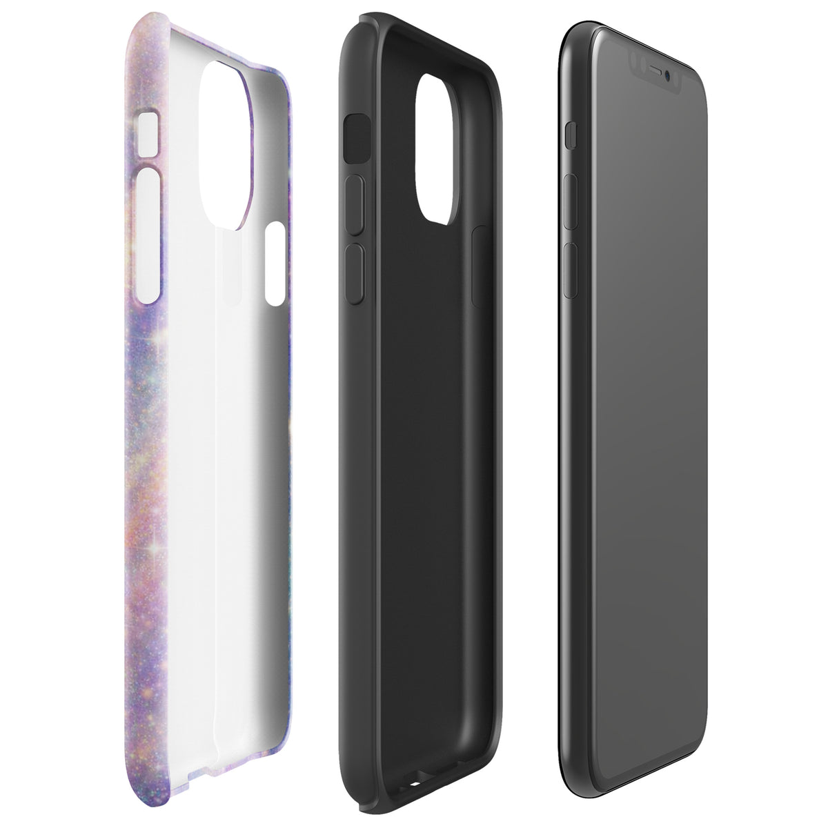 Phone Case for iPhone with Cosmic Dream Swirl design featuring pastel purples, pinks, blues, and golden sparkles, back and side views.