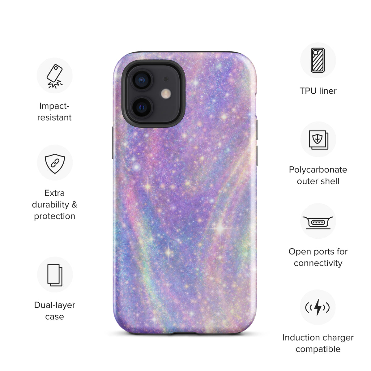 Phone Case for iPhone - Cosmic Dream Swirl, featuring a galaxy design with pastel colors and sparkles, showcasing its protective features.