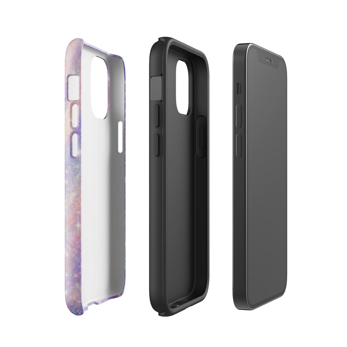 Phone Case for iPhone with Cosmic Dream Swirl design in pastel purples, pinks, blues, and golden sparkles showcasing its vibrant appearance.