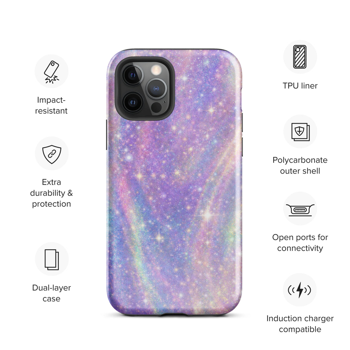Phone Case for iPhone - Cosmic Dream Swirl with pastel galaxy design, showing TPU liner, impact resistance, and open ports.