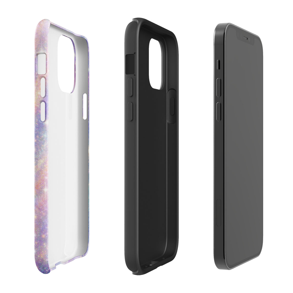 Phone Case for iPhone - Cosmic Dream Swirl with pastel colors and golden sparkles alongside a black protective phone shell.