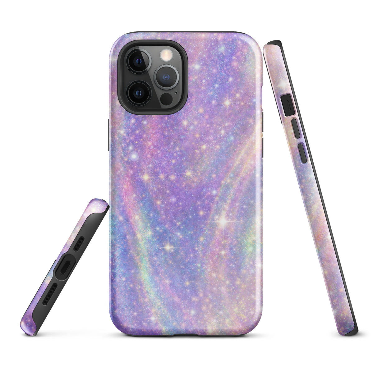 Phone Case for iPhone with cosmic dream swirl design in pastel purples, pinks, and blues with golden sparkles