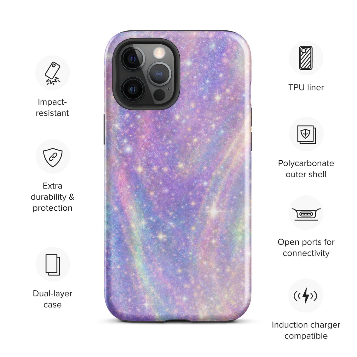 Phone Case for iPhone featuring cosmic dream swirl design with pastel purples, pinks, blues, and golden sparkles, impact-resistant and durable.