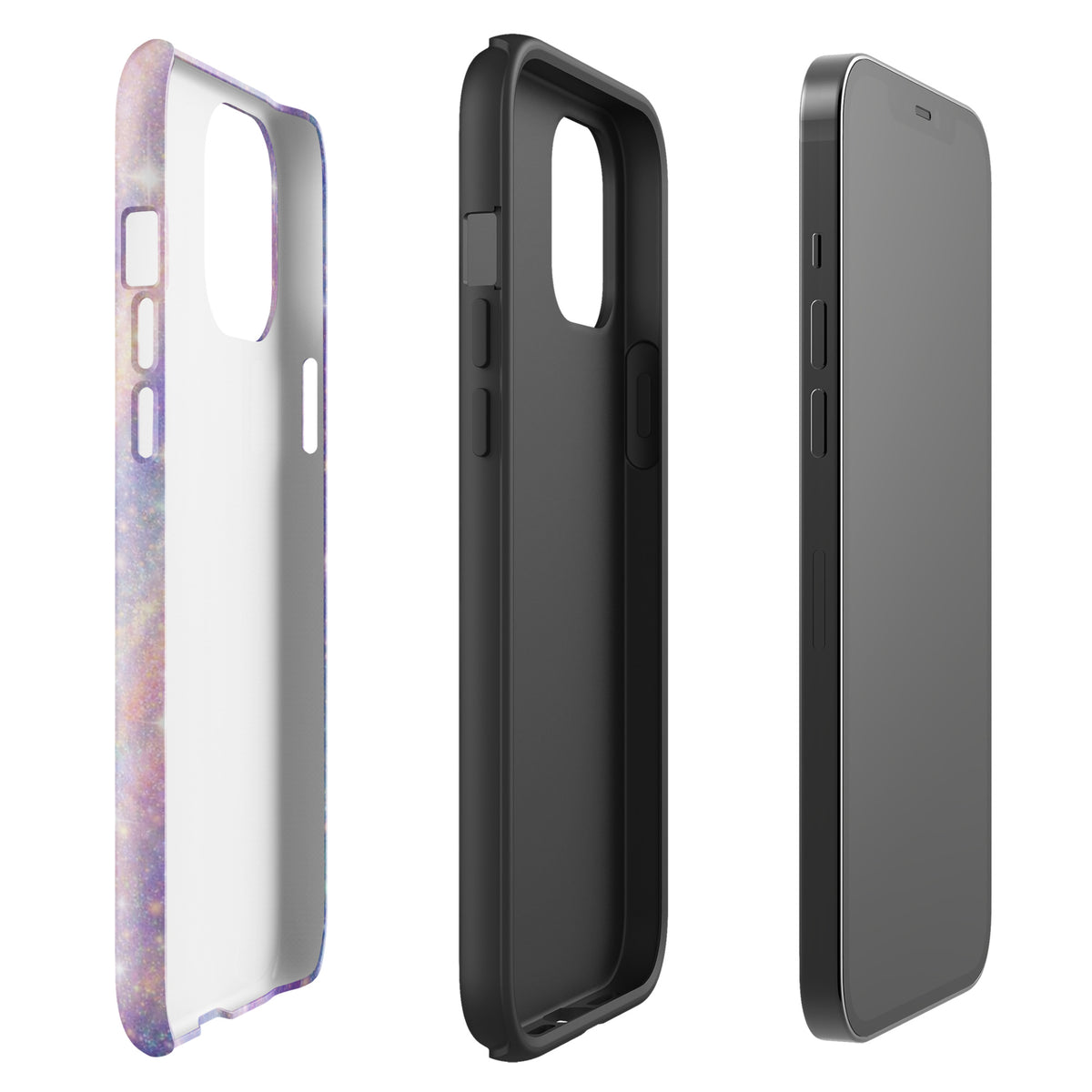 Phone Case for iPhone - Cosmic Dream Swirl design with pastel purple, pink, blue hues and golden sparkles, shown in three angles.