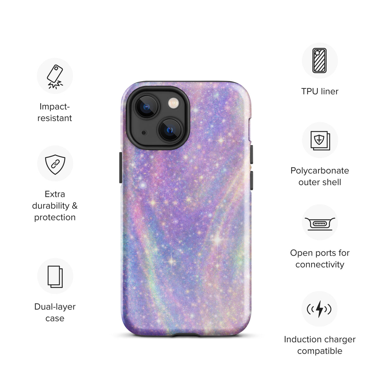Phone Case for iPhone in Cosmic Dream Swirl design with pastel purples, pinks, blues, and golden sparkles; impact-resistant.