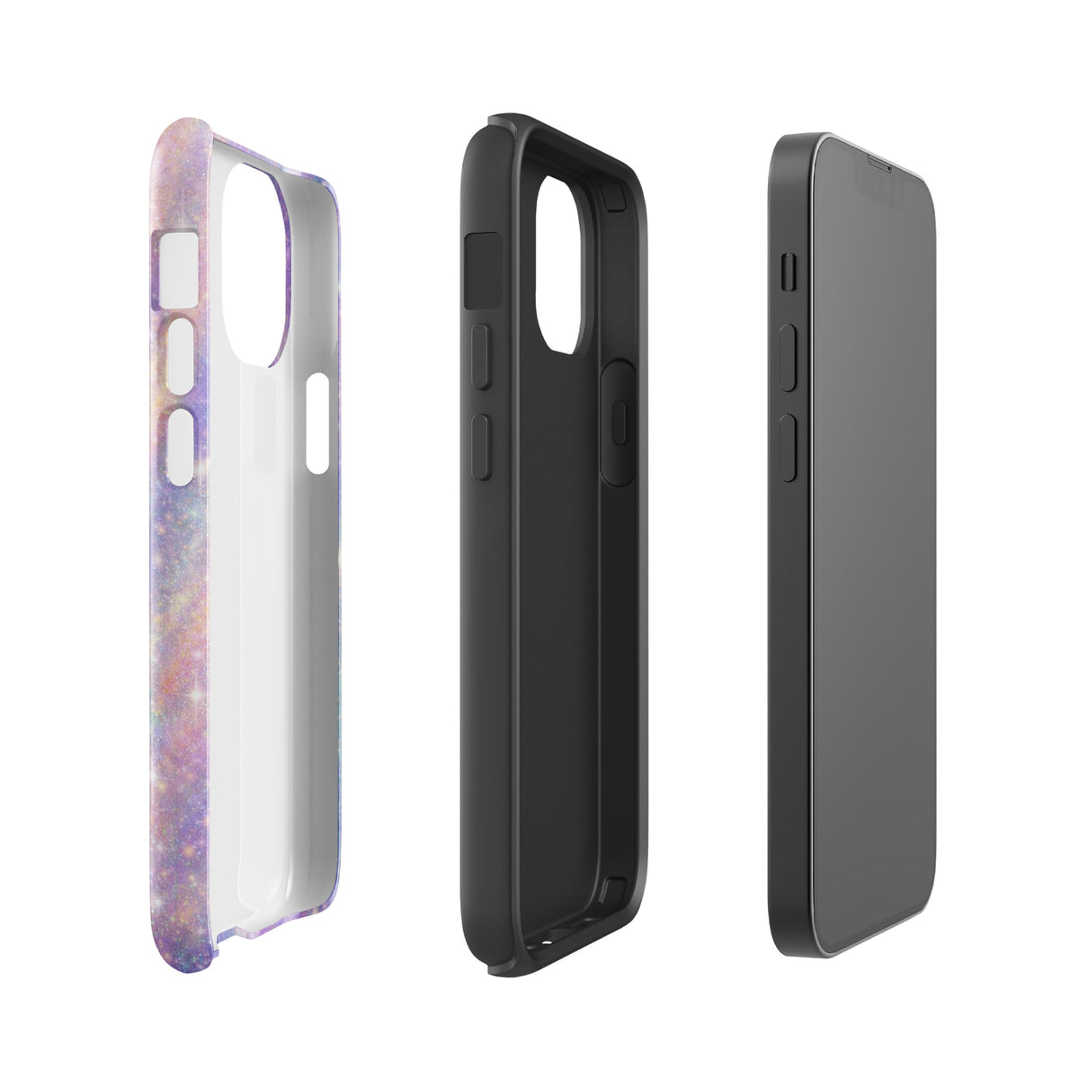 Phone Case for iPhone with Cosmic Dream Swirl design showing pastel purple, pink, and blue galaxy patterns, and soft golden sparkles.