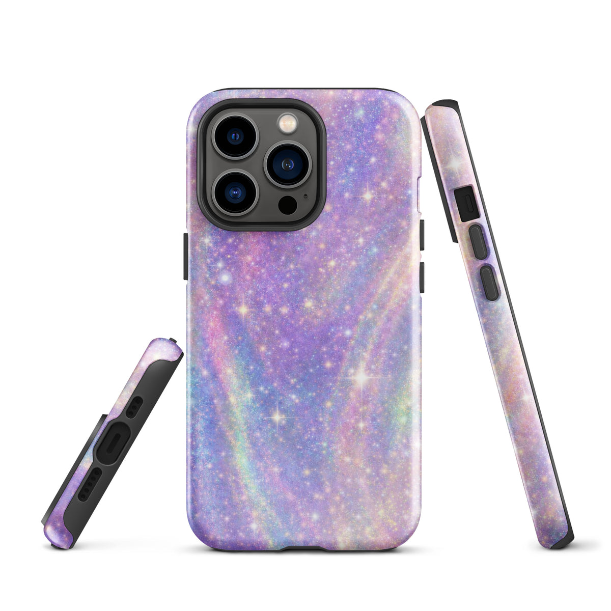 Phone Case for iPhone with cosmic dream swirl design in pastel purples, pinks, blues, and soft golden sparkles, creating a galaxy effect.