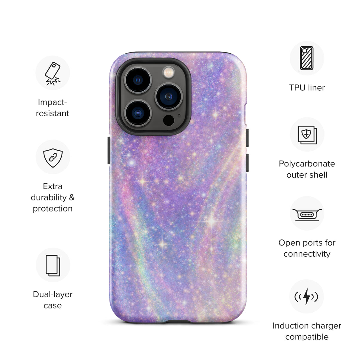 Phone Case for iPhone with cosmic dream swirl design, featuring pastel purples, pinks, blues, and golden sparkles.